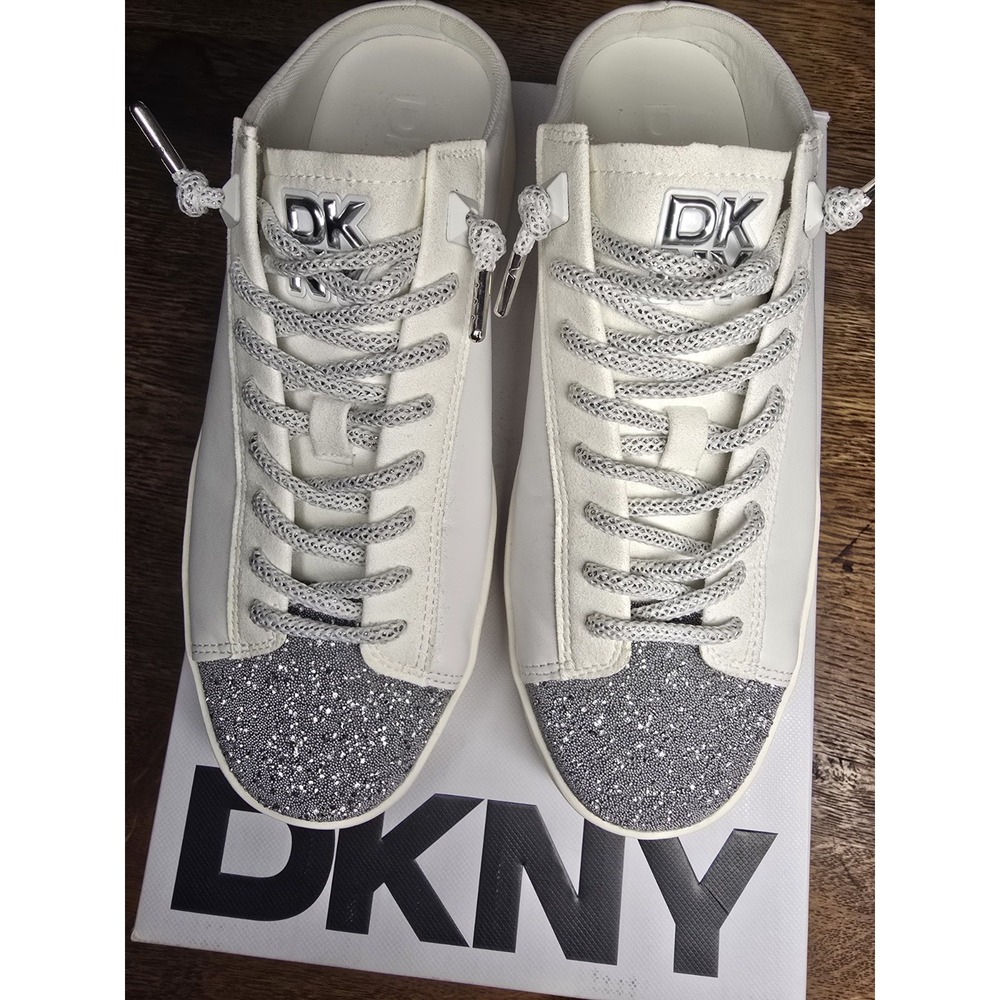 DKNY Womens White Silver Glitter Toe Slip On Mule Sneakers K1570236 Size 8.5 M